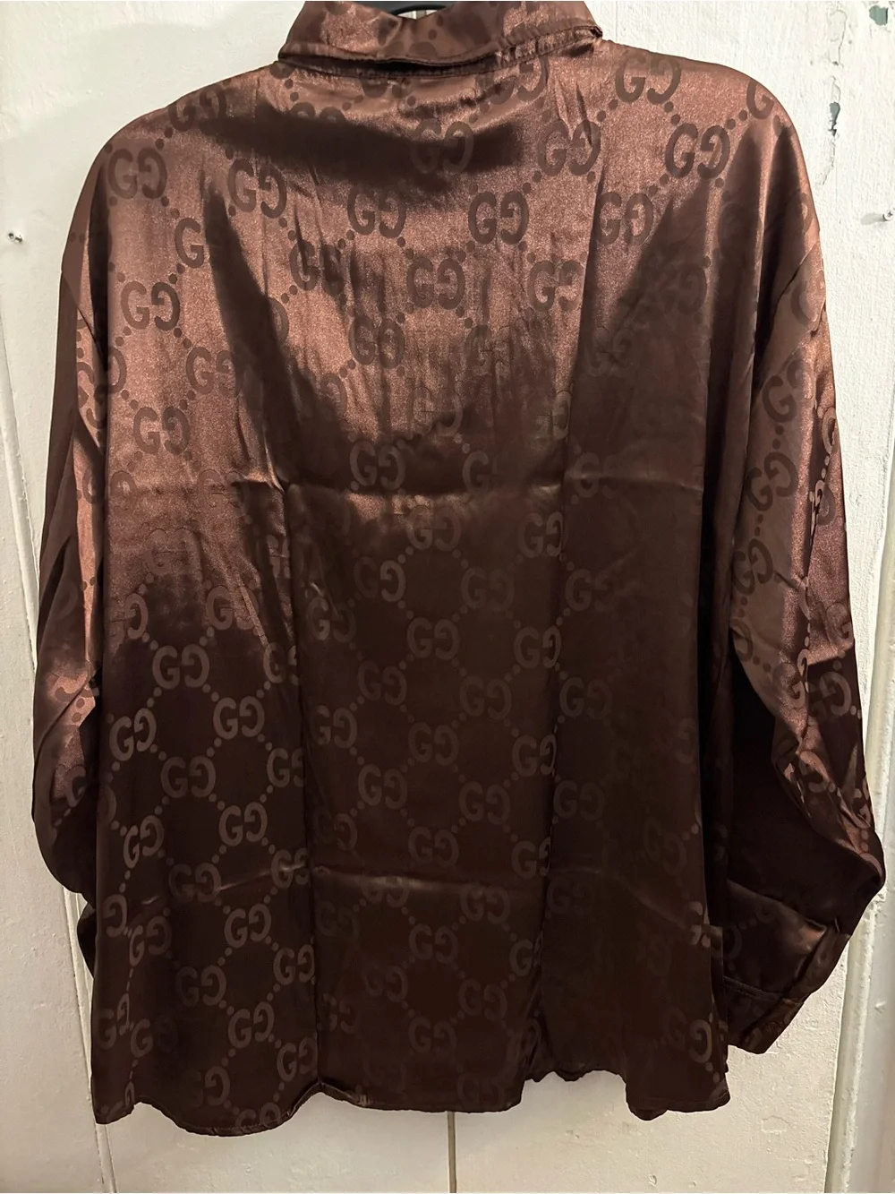New Fashion Brown Satin Logo-Print Button-Down Shirt